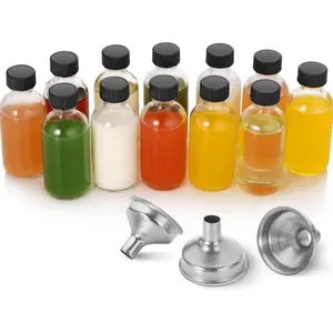 12 Pack, 2 oz Small Clear Glass Bottles w/Lid & 3 Funnels - 60ml Boston Shot Bottles for Health, Immunity, Potion, Wellness, Sample, Ginger, Juice - Mini Personal Care & Beauty Travel Bottle