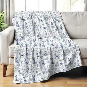 Chinese Crested Toile Blanket, Blue French Toile Throw for Chinese Crested Lovers, Cozy Dog Bedding, French Country Blanket for Dog Mom Blanket Pretty Throw Blanket Flannel Super Soft for All SeasonsBirthday Anniversary Holiday Christmas Halloween