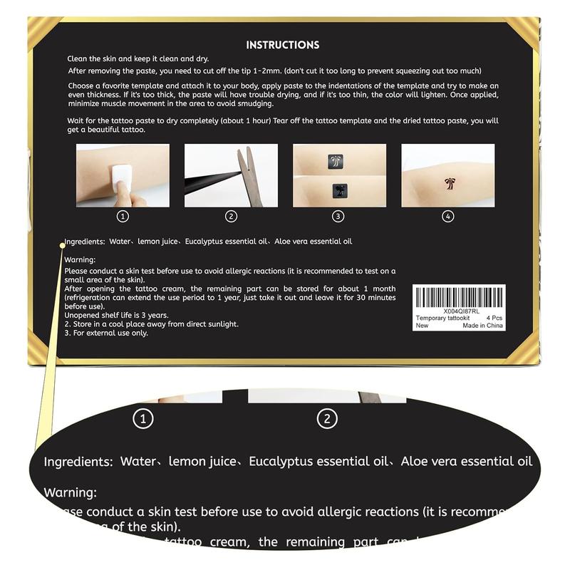 Temporary Tattoo Stencil Kit, 4 Pcs Tattoo Cones 4 Color (Black/Maroon/Cherry Red/Blue) 44 Tattoos Templates and Cotton Swabs, DIY Body Art Skin Painting Designs for Women Men Adult Girl Gifts