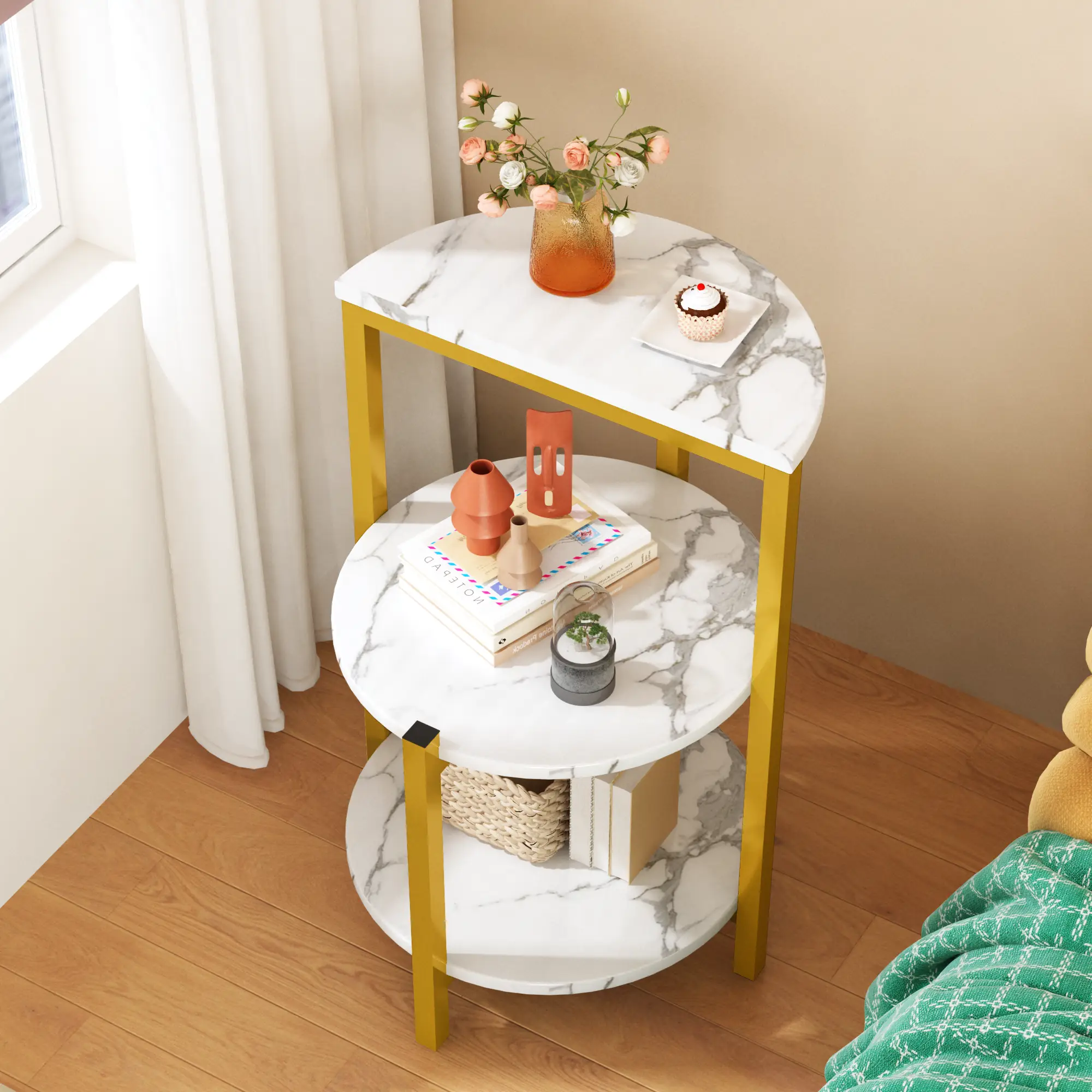 Recaceik Modern Faux Marble Coffee Table Set of 2 - 16 Inch Nightstand Bedside Table with X-Based Metal Frame for Bedroom Living Room desk vanities