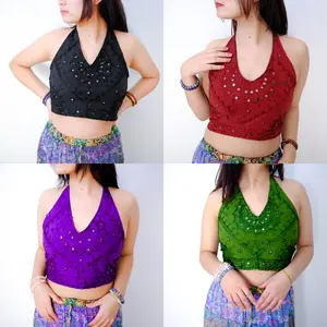Cotton Hand Embroidery Backless Top, Boho Halter Top, Festival Fashion, Bohemian Style Mirror Embroidered Crop Top, Summer Hippie 90s Top