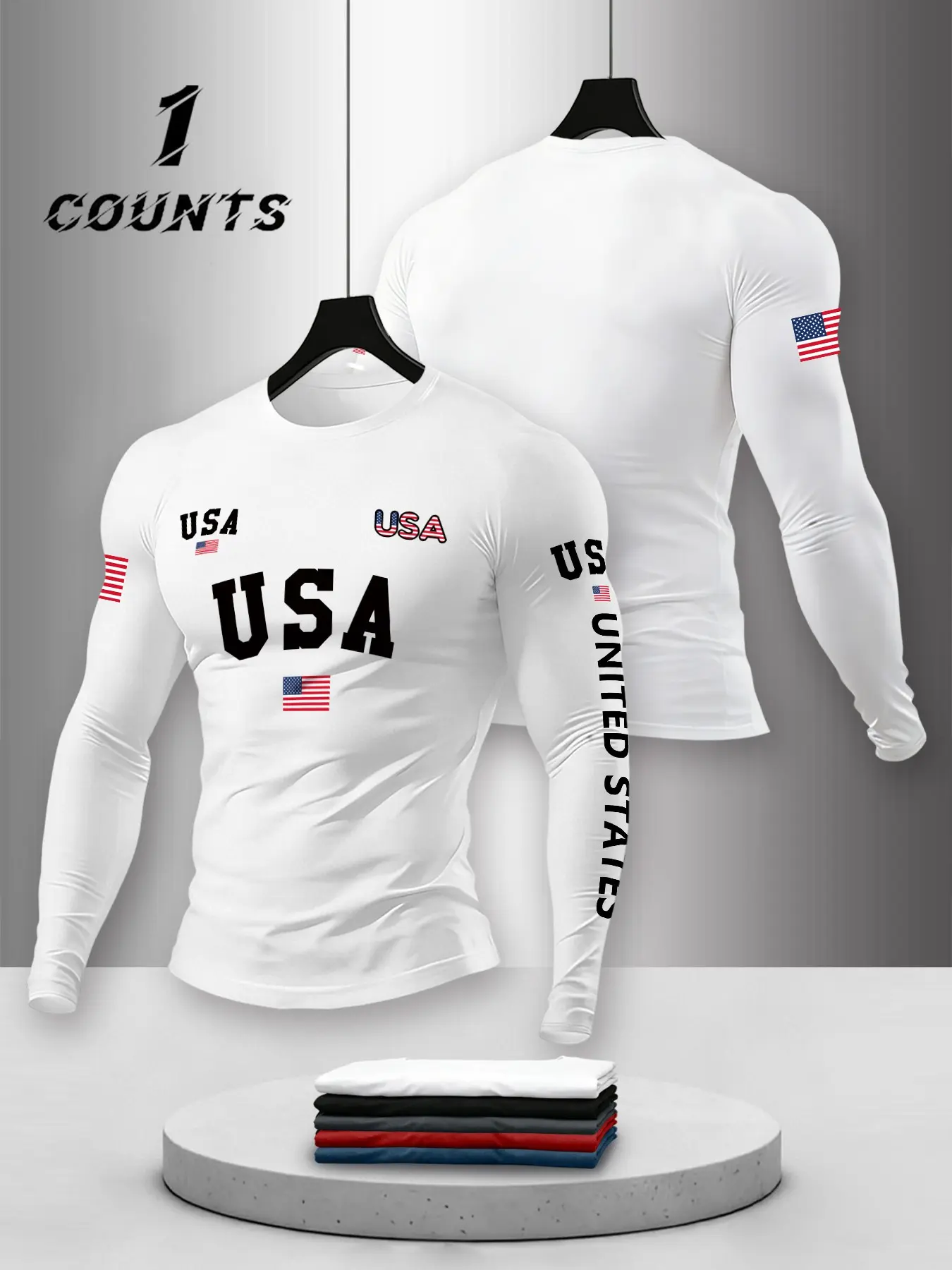 Men's Spring Fall Round Neck Long Sleeve T-Shirt Top, Athletic Workout Tees, Work Out Shirts, Classic Athletic Activewear Breathable Fabric, Casual Usa Flag Print, Street Fashion, Streetwear, Ideal Layering Piece, Menswear