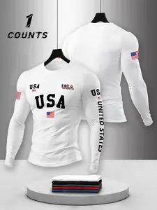 Men's Spring Fall Round Neck Long Sleeve T-Shirt, Classic Athletic Activewear Breathable Fabric, Casual Usa Flag Print, Street Fashion, Streetwear, Ideal Layering Piece