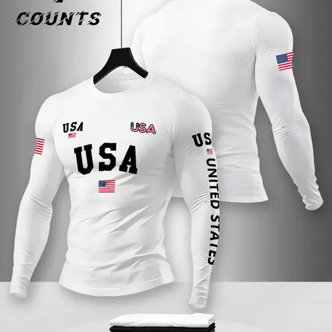 Men's Spring Fall Round Neck Long Sleeve T-Shirt Top, Athletic Workout Tees, Work Out Shirts, Classic Athletic Activewear Breathable Fabric, Casual Usa Flag Print, Street Fashion, Streetwear, Ideal Layering Piece, Menswear