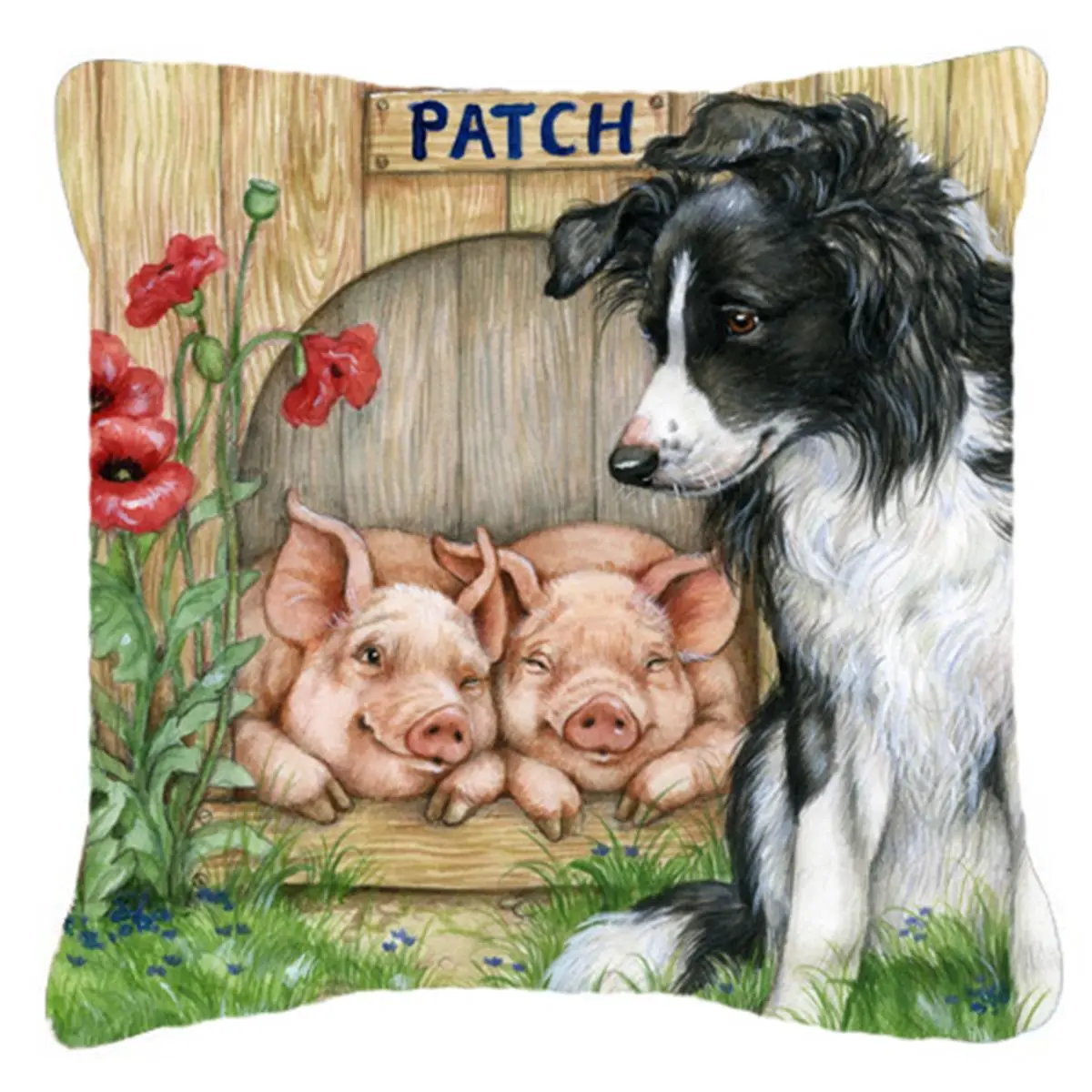 CAROLINE'S TREASURES 212 MAIN Patch the Border Collie & Piglet Friends 18x18in Square Cushion, UV-Resistant, Washable, Weather-Resistant Indoor/Outdoor Household Textile Accessory, Uv Resistant Cushions
