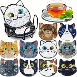 10-piece set of cute cat-patterned artificial diamond painting art coasters, DIY crystal diamond painting wooden material art coasters with stand, suitable for adult office coffee MATS, family coasters, handicrafts, supplies and gifts