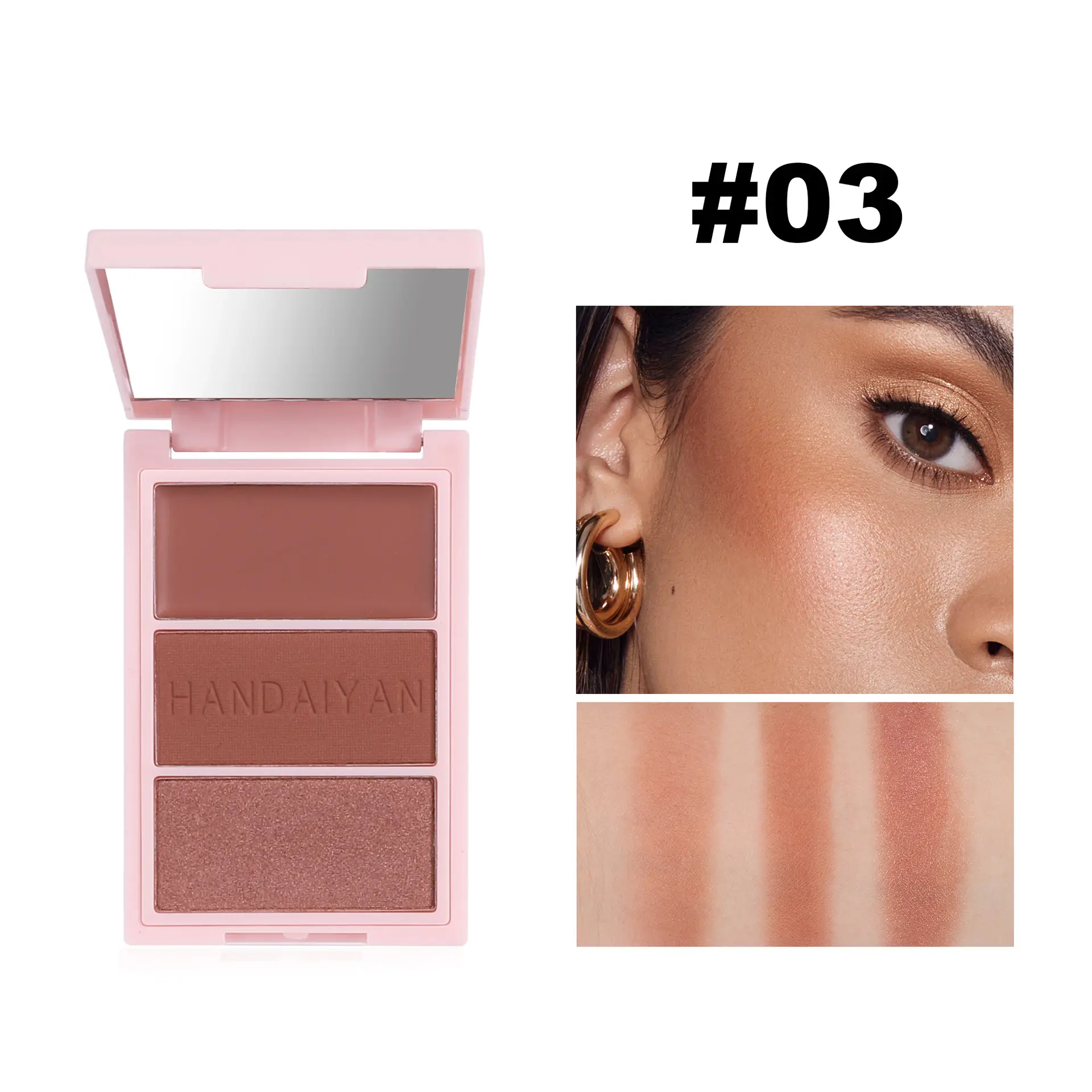Handaiyan Compact Highlighter Contour Palette, Topical Cosmetic Multi-Use Three Colors Blush Stick, Radiant Glow Finish, Pore-Minimizing, Non-Toxic, 100g
