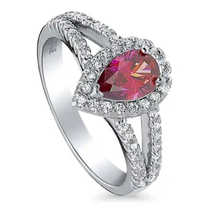 BERRICLE Sterling Silver Halo Split Shank Ring for Women, Red Pear Cut Cubic Zirconia CZ