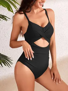 Women's Solid Color Cut Out One-Piece,  Casual Comfortable Adjustable Strap Criss Cross Tie Back Backless Sleeveless Swimsuit for Beach Holiday Vacation, Ladies Swimsuit for All Seasons