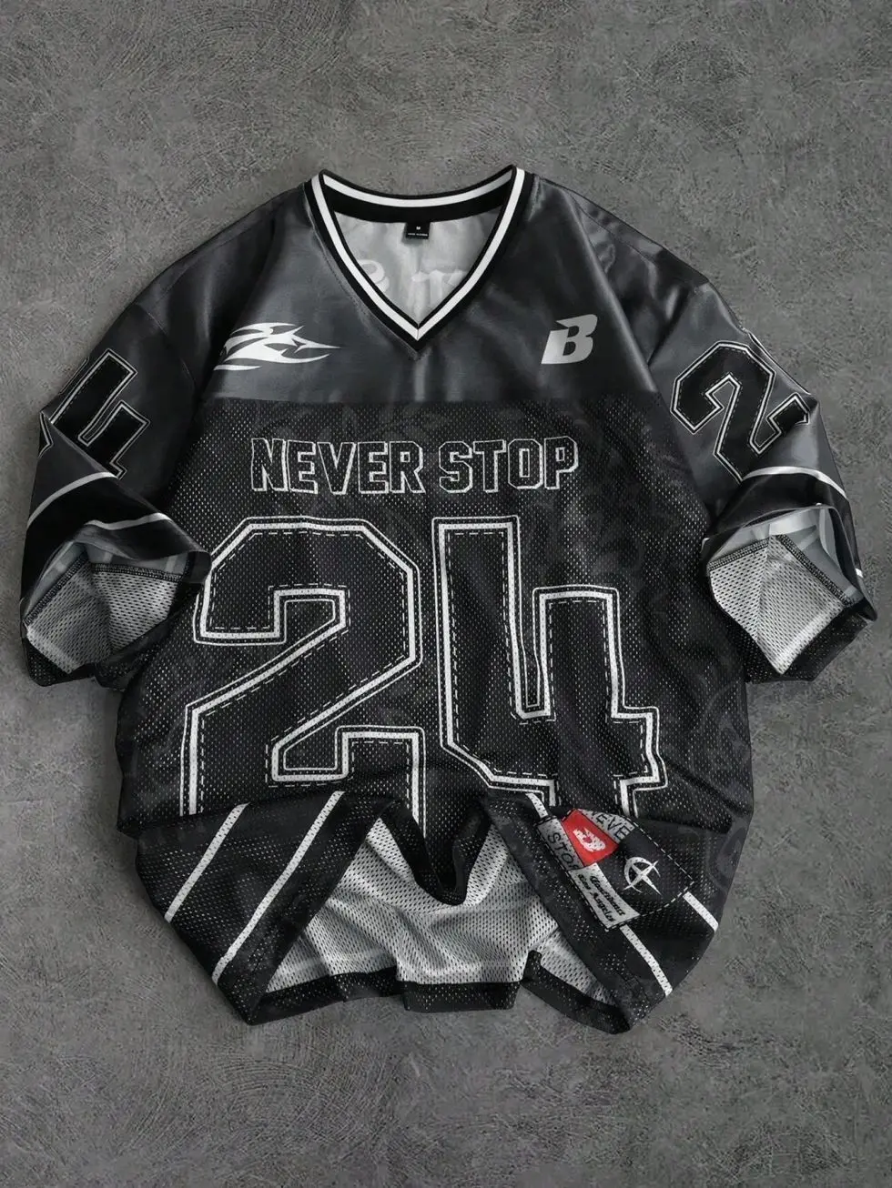 Oversized V-Neck Blockecore Football Jersey Soccer Jerseys for Men Women | Y2K Grunge Aesthetic Streetwear Mesh Short Sleeve Shirt | Retro Number 24 Graphic Print Loose Top for Casual Daily Outfit K07