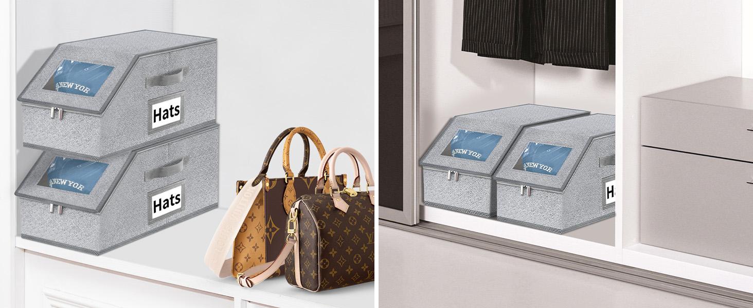 2 PCS Stackable Hat Storage for Baseball Caps, Holds up to 24 Caps Hat Organizer for Closet, Sturdy Snapback Boxes for Men with Cardboard, Stackable Hat Box in Breathable Linen Fabric, Clear Window Closet Storage for Caps, Grey