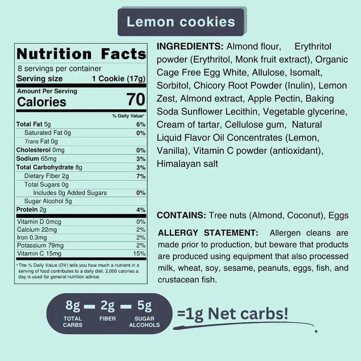 Flèche Healthy Treats Sugar Free Lemon Cookies Gluten Free Dairy Free Low Carb Chewy Texture 8 Servings 17g Each