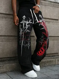 American Y2K Vintage Gothic Cross Print Drawstring Sweatpants, Summer Trendy Streetwear Casual Long Pants, Fashionable Men's Clothing