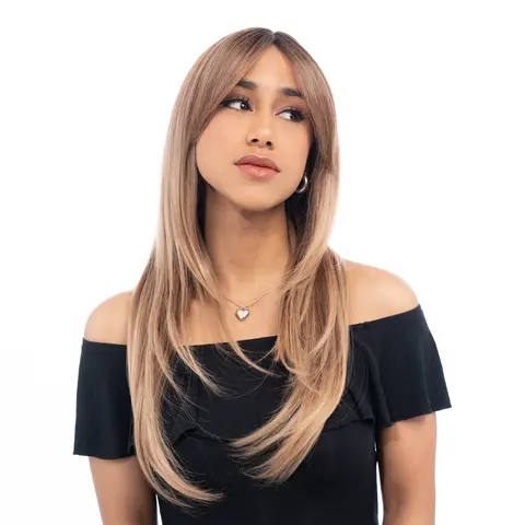 'THE JENNIFERS' 22-Inch Hazel Brown (Honey Highlights) Straight Synthetic Wig | 【Heat Resistant】 【Cap Included】 | #41FSGA