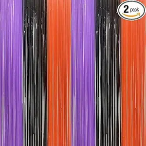 2pc Tinsel Photo Backdrop Curtains, 3.2x8.2ft Black Orange Purple Foil Fringe Streamer Party Supplies for Halloweens, Lantern, Pumpkin, Home, Indoor or Outdoor Decorations.