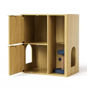 Natural Wood Cat Litter Box Enclosure - 31.5x19.7x35.6 in Modern Side Table with Dual Entries, Scratching Post, Storage Shelf & Privacy Hiding for Living Room, Bedroom