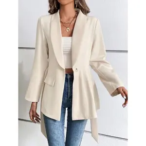 Women’s peach-colored, collarless fitted long-sleeve blazer with belt, featuring a simple style and versatile appeal for casual wear.