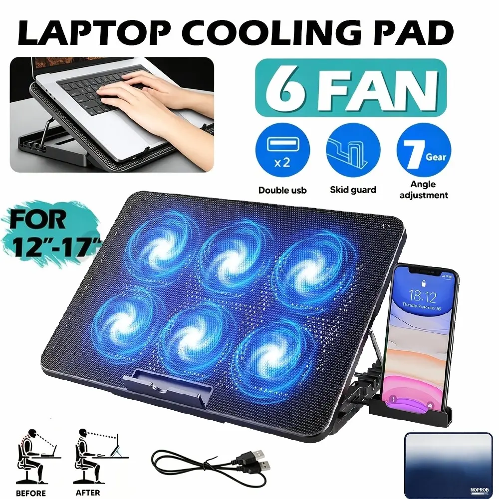 Laptop Cooler Cooling Pad 6 Powerful Fans Table Stand for 12"-17" Laptop