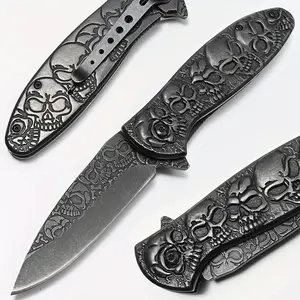 Stonewashing Pocket Knife, Steel Blade EDC Knives for Men Women, Skull Punk Handle Pocket Knives & Folding Knives for Indoor Outdoor Camping Hiking