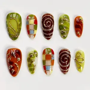 Green Plaid Nails/Spring Dreamy Press on nails long almond nails/Brown Nails/3D Gold Chrome nails/Garden Nails/Swirl nails/Custom nails