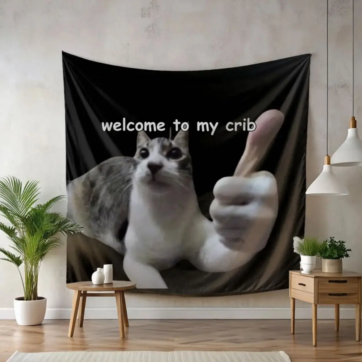 Funny Dorm Tapestry, Welcome to My Crib Cat Meme, Weird College Apartment Wall Art, Unhinged Gen-Z Decor, Thumbs Up Cat Wall Tapestry, Fabric Wall Hanging for Bedroom, Dorm Room, Living Room and Apartment Decor, Lightweight Indoor Wall Art