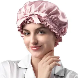 Double Layered 100 Mulberry Silk Bonnet for Sleeping Women Large 22MM Luxury Silk Sleep Cap with Elastic Band Tie Natural Night Hair Wrap for Hair Care Short Long Curly Hair Pink