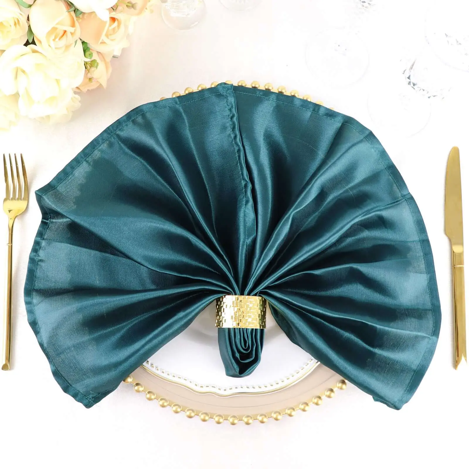 5 Pack Square Solid Satin 20"x20" Tableware Napkins - Peacock Teal, Luxurious Shine, Smooth Dinner Napkins for Event, Birthday, Restaurant Tableware, Cutlery, Wedding