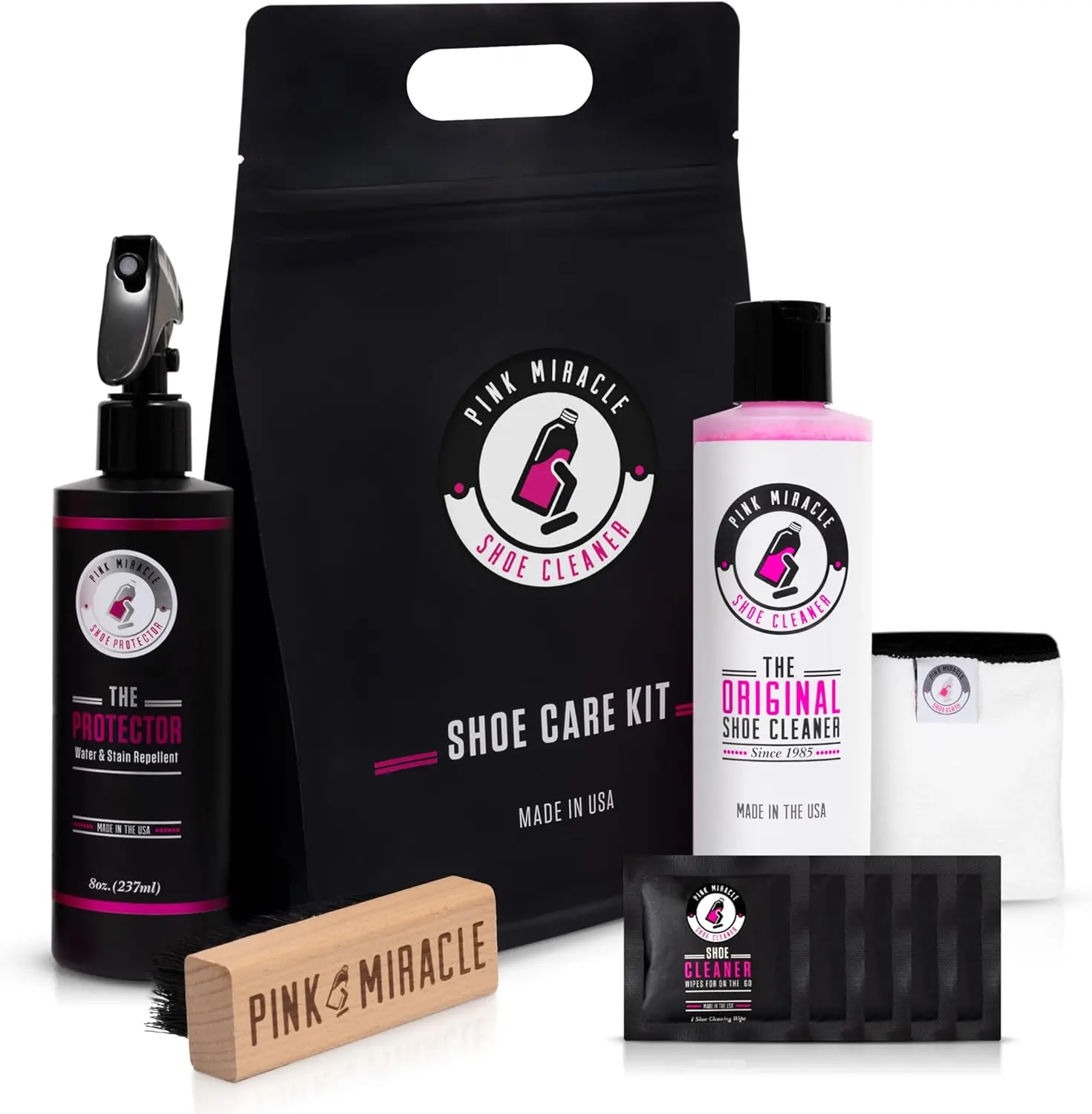 Pink Miracle Shoe Care Essentials Kit 8 oz Shoe Cleaner with Brush Sneaker Repellent Spray 5 Count Cleaning Wipes Microfiber Towel Perfect for Cleaning and Protecting Sneakers Leather Shoes and Boots