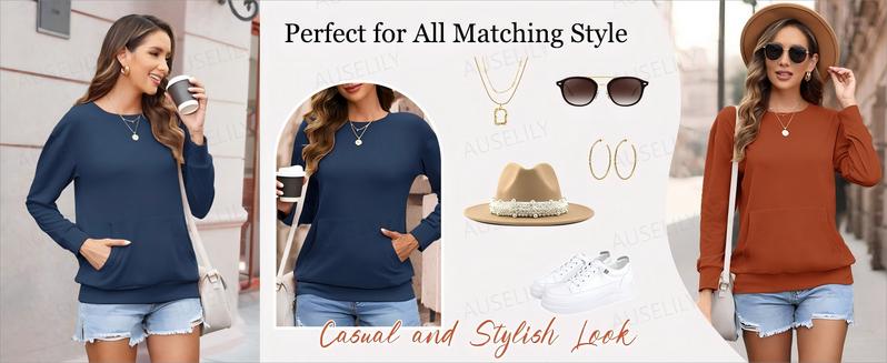 AUSELILY Women's Crewneck Hoodless Sweatshirt With Kangaroo Pocket Fleece Longsleeve Oversized Casual Style Shirt Lightweight Pullover 2025 Xmas Gift