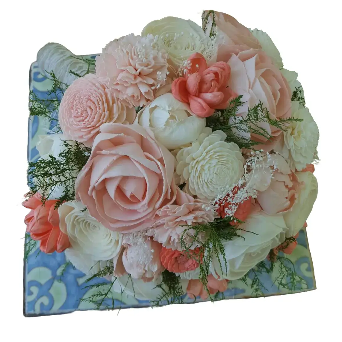 Customizable Long-Lasting Sola Flower Bouquet - Blush Pink, Coral Arrangement with Spring Ferns, Dried Stardust Babies Breath, Preserved Evergreen, Home & Wedding Decor Accent