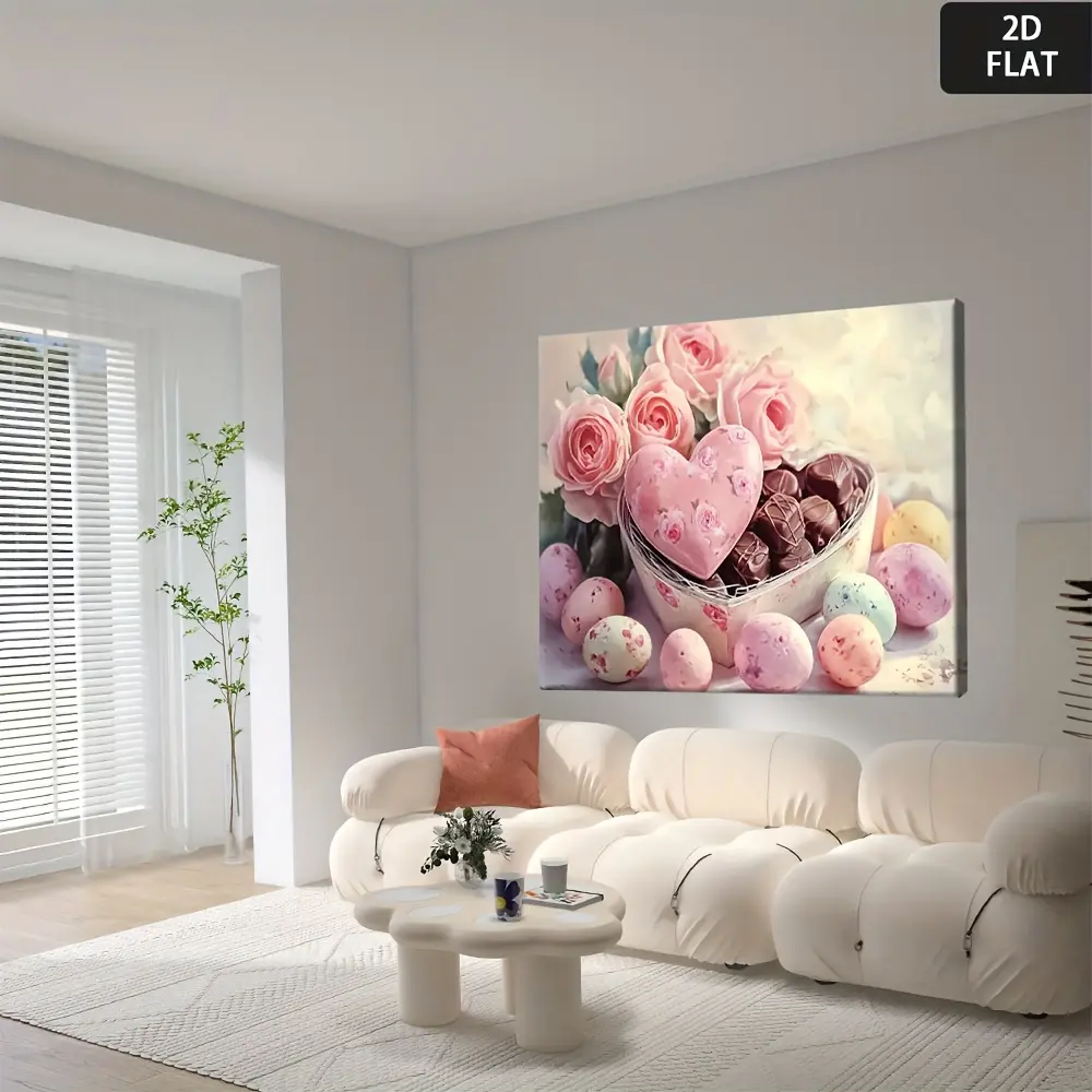 2D Flat, 1pc Pastel Pink & Brown Heart Box of Chocolates Canvas Painting - Waterproof Wall Decor Art Poster - Elegant Floral confectionery Decoration for Living Room, Bedroom, Office - Valentine's Day, Mother's Day, Housewarming Gift - Wrapped Canvas