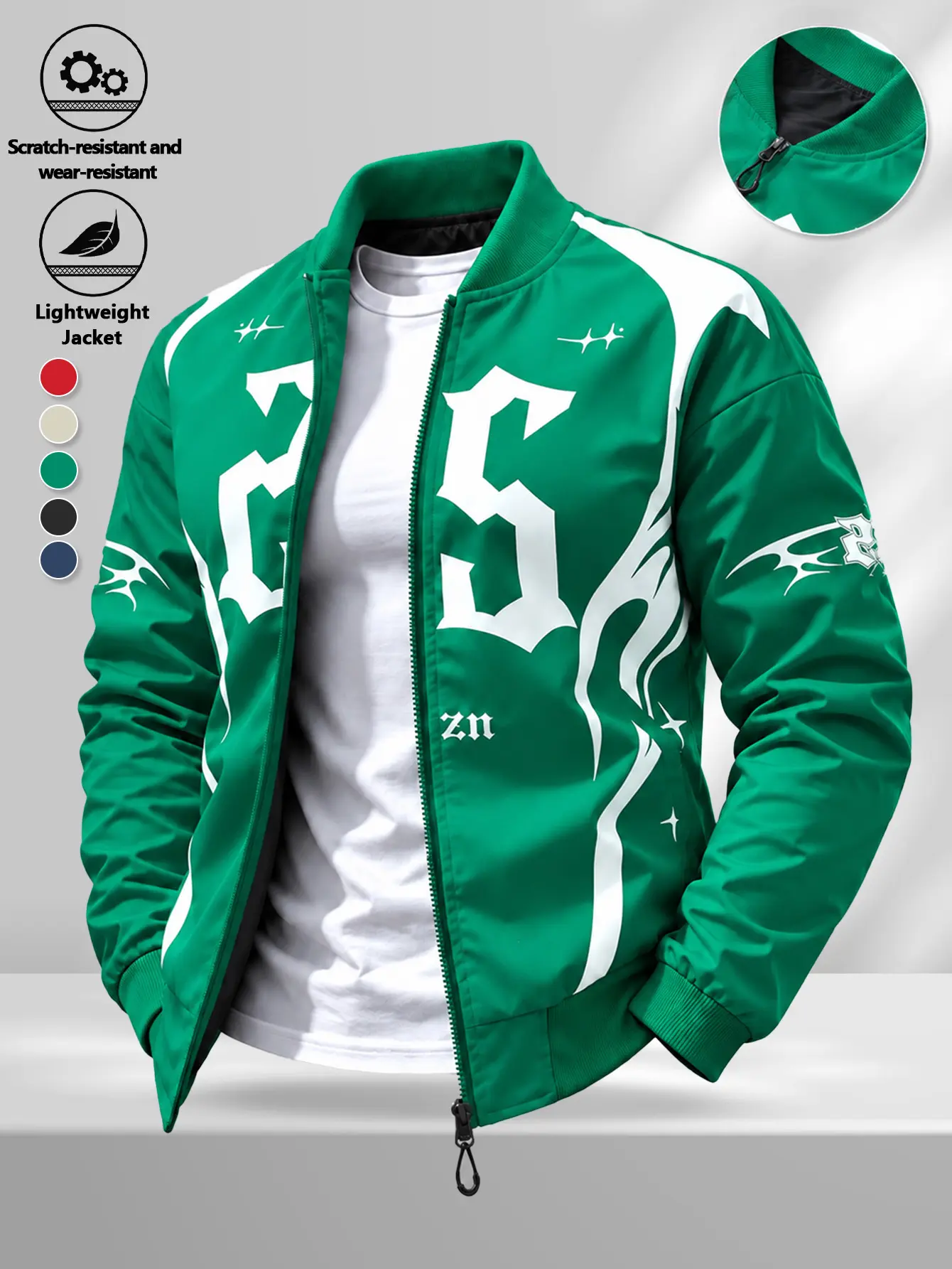 Men Green Baseball Collar Jacket Gothic Large Letter Flame Print Full Zip Rib Cuff Spring Autumn Lightweight Coat
