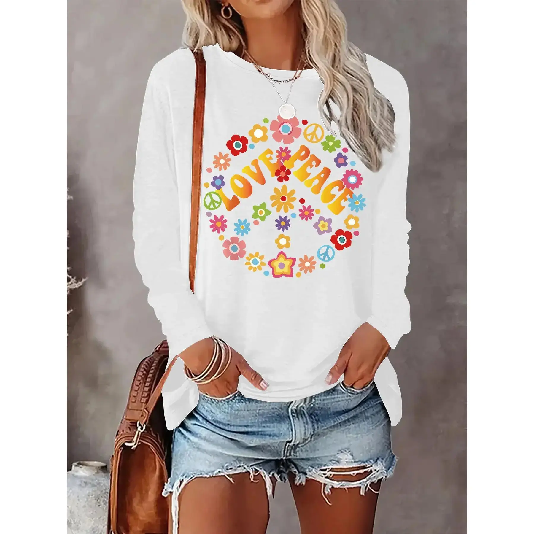 Plus Size Women's Graphic Tee, Bohemian Peace Sign & Floral Print Long-Sleeve Top, Comfy Cotton Crew Neck, Casual Loose Fit for Beach Day Wear, Round Neck, Long Sleeve Tops Women, Comfy Casual, Cargo, Outfits, Full Sleeves, Plus Size Basics