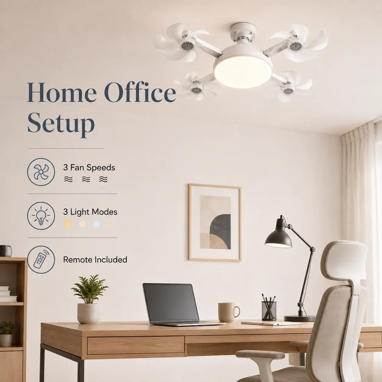 Ceiling Fan Light with Remote Control, 19.69 Inch Screw inLED Fan Light, E26/E27 Base Foldable Ceiling Fan with 4Fan Heads, Quiet Airflow & Bright Lighting, EasyInstallation for Bedroom, Living Room, Kitchen, Office,Dorm, Small Room Use