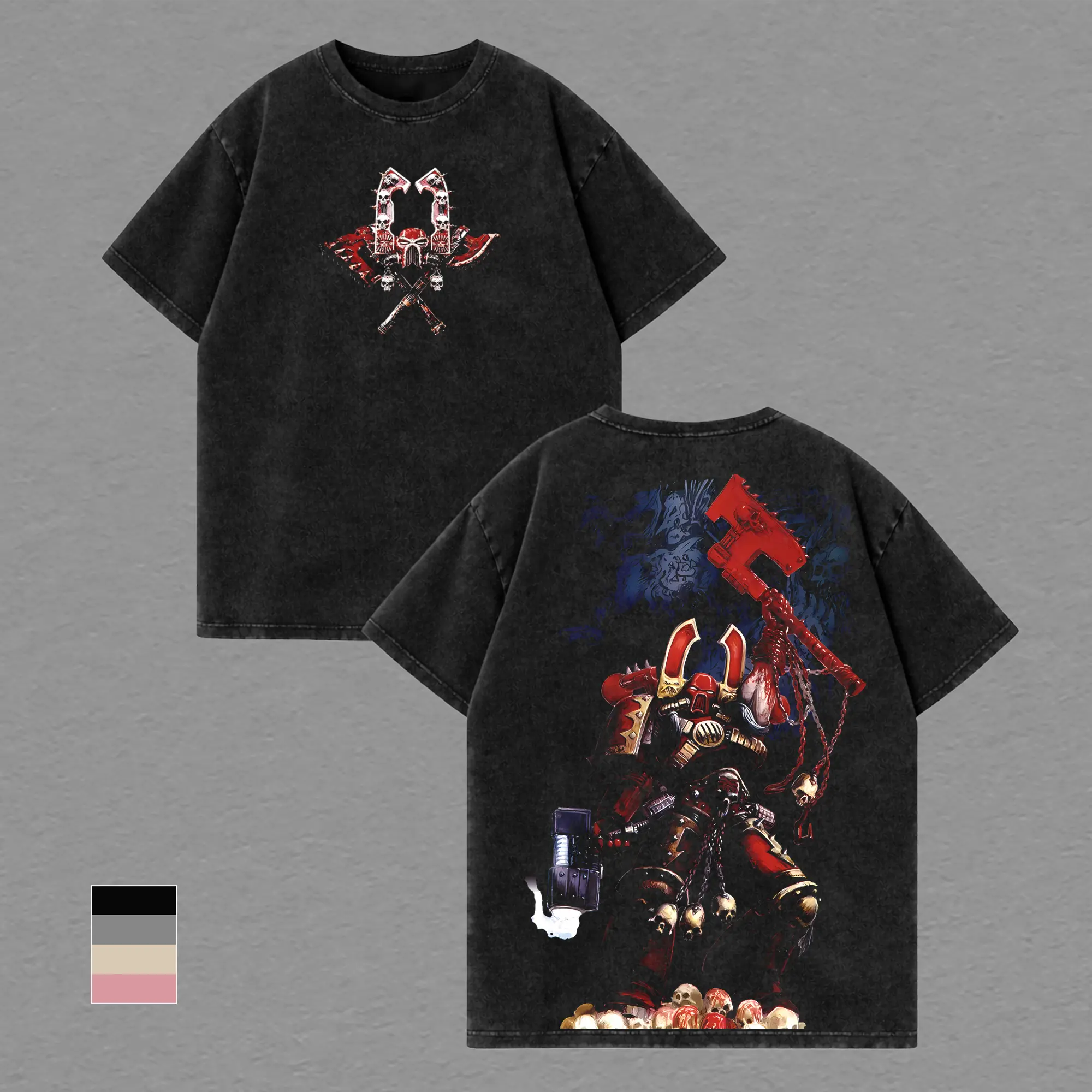 Warhammer 40K Khorne Vintage Washed Oversized Cotton T-Shirt, 2 Sided Printed Chaos God Graphic Tee, Grimdark Retro Black Streetwear Unisex Game Merch, Blood for the Blood God Fan Gift