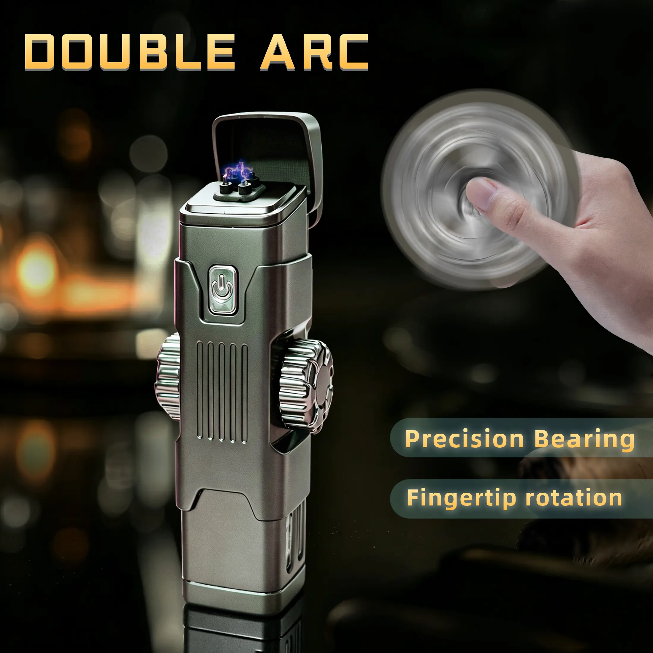Rechargeable Dual Arc Fidget Lighter with LED Lights, Dual-Sided Spinner Bearings, Windproof USB Electric Pocket Lighter for Men