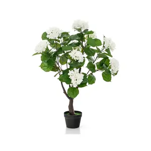 COSTWAY - Artificial Hydrangea Tree Fake Floral Plant with 11 White Flowers-White