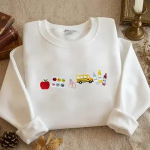 Embroidered Teacher Life Crewneck Sweatshirt with Cute Teacher Icons, Embroidered Teacher Sweatshirt, Teacher Appreciation, Teacher Gift,Cute School Icons Teacher Appreciation Gift, Funny Pencil & School Bus Graphic Hoodie, Aesthetic Educator Wardrobe