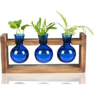 Glass  Terrarium Propagation Station - 3 Bulb Colored Vases with Retro  Stand Indoor Garden Planter - Wall Mounted & Desktop Decor for  Kitchen Wedding,  for  Lover, Blue