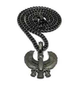 MaxBling81 Black Horus Bird Pendant Necklace, 5mm 24" Cuban Chain & Link, Hematite Plated, Unisex Jewelry for Men and Women, Fashion Costume Accessory