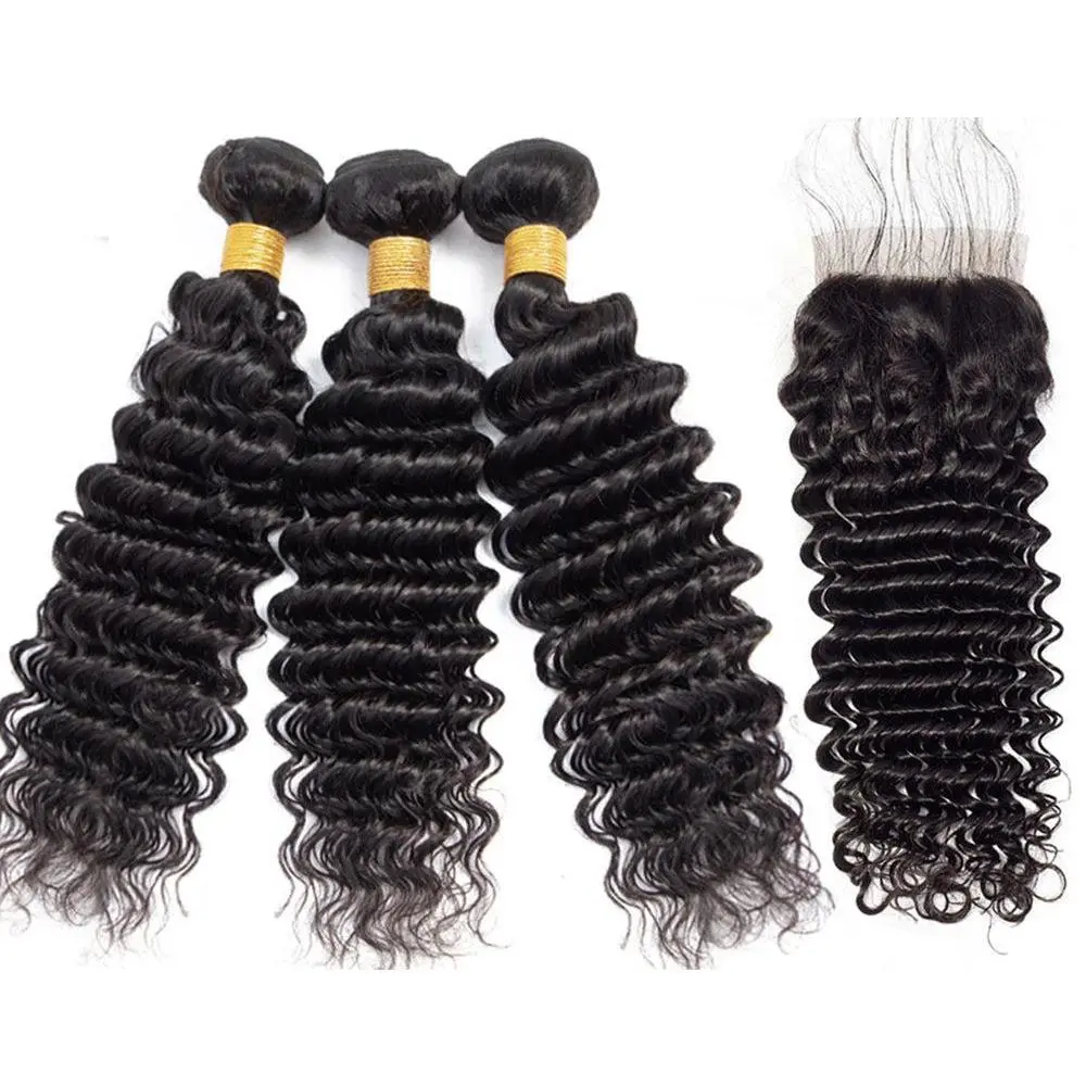 3 Bundle Deals With 4*4 Transparent  Closure Deep Wave Virgin Human Hair Natural Black Deep Wave Virgin Human Hair Natural Black