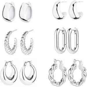 6 Pairs 14K  Plated Hoop Earrings for Women Lightweight Chunky Hoop Earrings Multipack , Thick Open Twisted Huggie Hoops Earring Set  for Gifts.