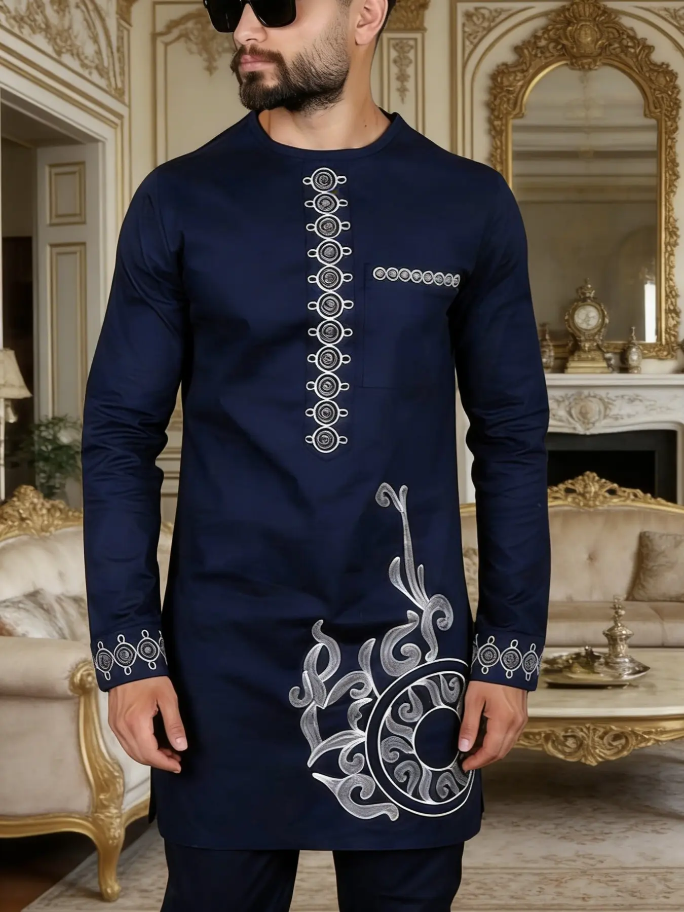 Men's Dashiki Set, Top, Ethnic Style, Round Neck, Long Sleeve, Embroidered, Pockets, Shoulder Zipper, Split Hem, Drawstring Waist Pants