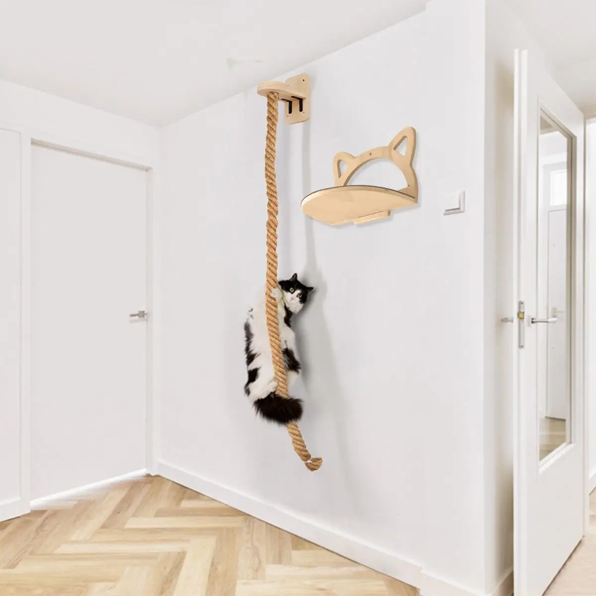 Wall Mounted Cat Climbing Frame, Wooden Cat Climbing Frame with Rope, Cat Scratching Post, Pet Furniture for Playing, Climbing and Scratching