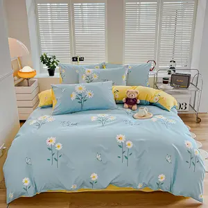 Spring & Summer Bedding 3-Piece Set, Pastoral Style, Floral Bedding Sets, Blue Daisy and Butterfly Printed Duvet Cover Pillowcases Set. Washed Fabric, Ultra-soft, Skin-friendly, Comfortable and Machine Washable.