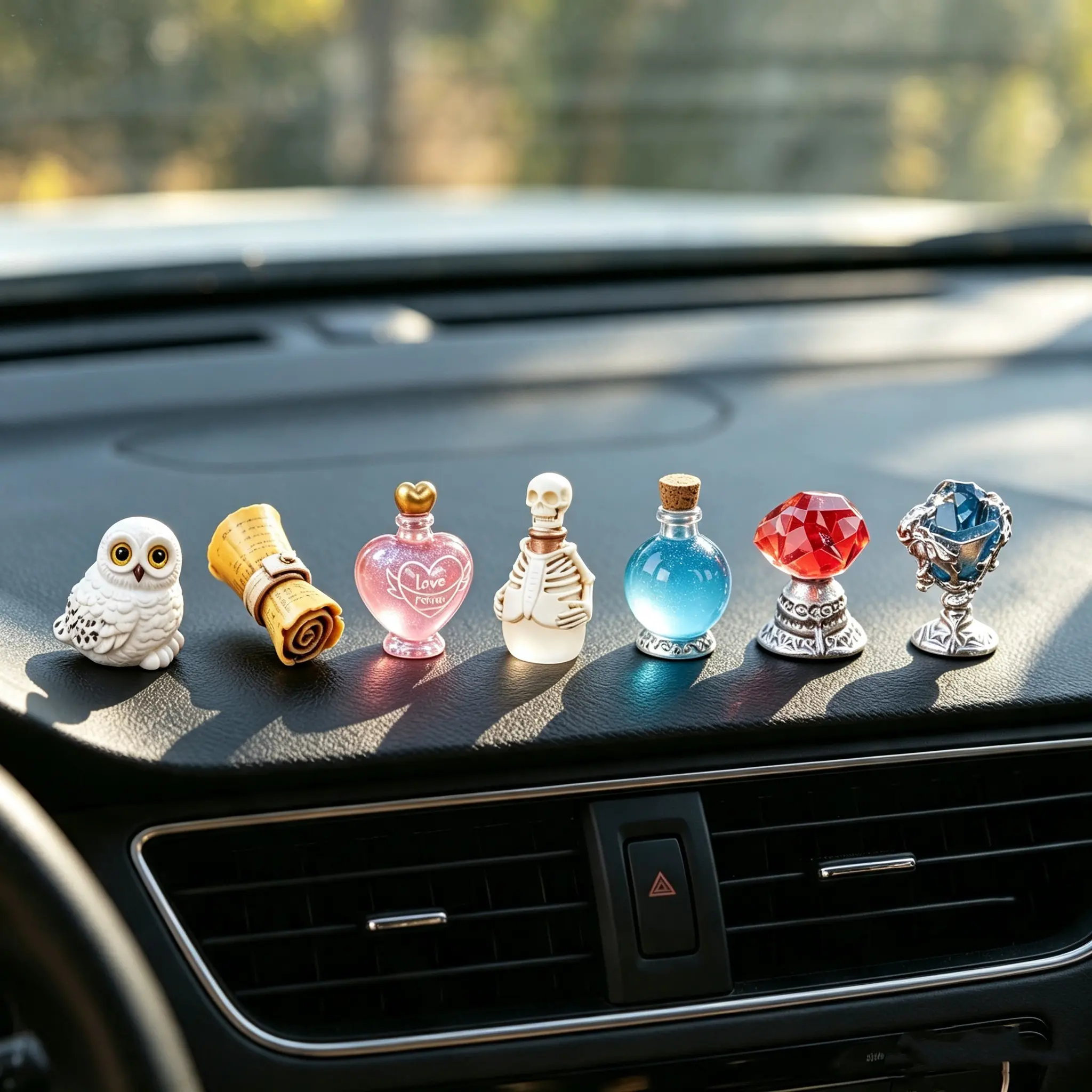 Magic Academy Series Car Miniature Decorations: Witch Bell, Magic Book, Holy Grail, Love Potion, Compound Potion, Bone Regenerator, Snow Owl 7-piece set, for car and computer DIY desktop display, holiday gift