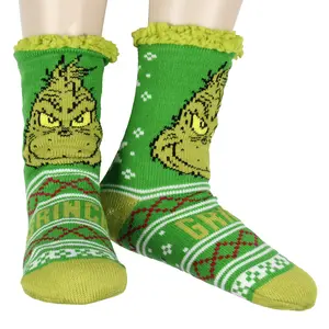 Dr. Seuss Socks The Grinch Socks Women's Grinch Face Fair Isle Sweater Knit Plush Fleece Lined Non-Slip Cozy Slipper Crew Socks