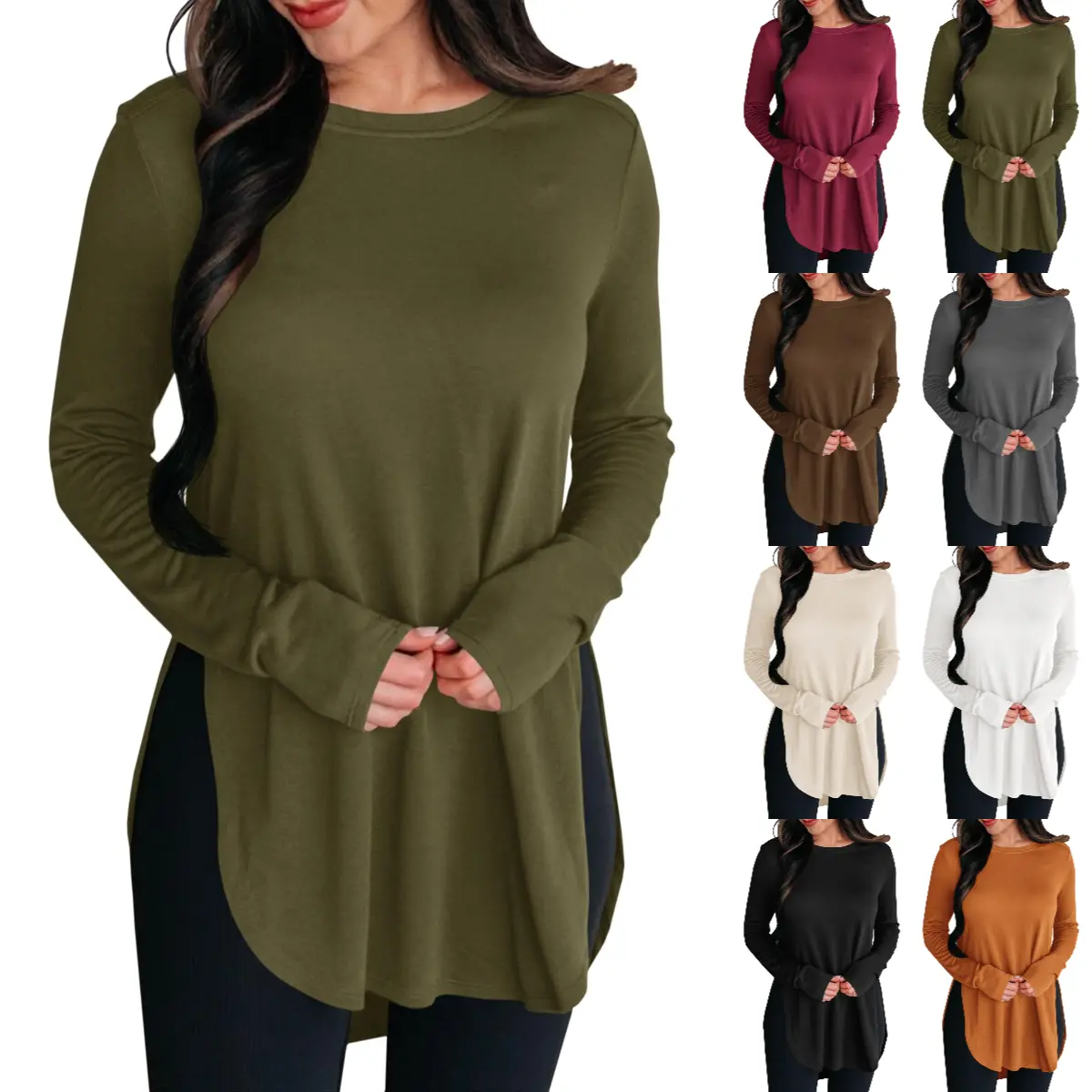Goranbon Women's Basic Viscose Long Sleeve Tunic Tops - Fall Casual Crew Neck, Side Split, Hi-Low Hem, Loose Chic Comfortable Shirts for Leggings, Jeans, Trouser