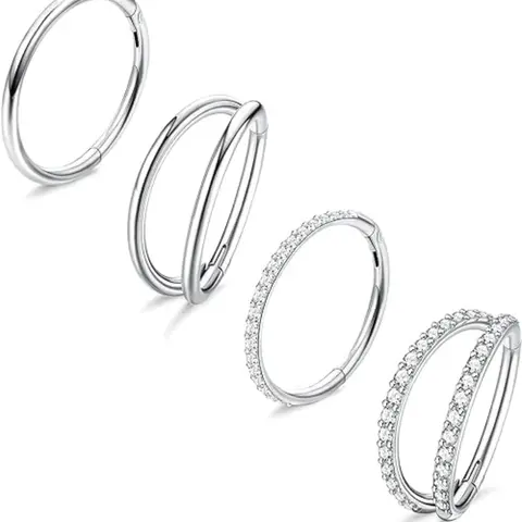 4PCS 18G Nose Rings Hoops, Rhinestone Nose Rings, Nose Ring Jewelry, Steel Earrings Tragus Septum Piercing CZ Clicker Ring, Hinged Segment Conch Lip Cartilage Double Hoops 8mm 10mm Helix Pierced Ring For Women Men