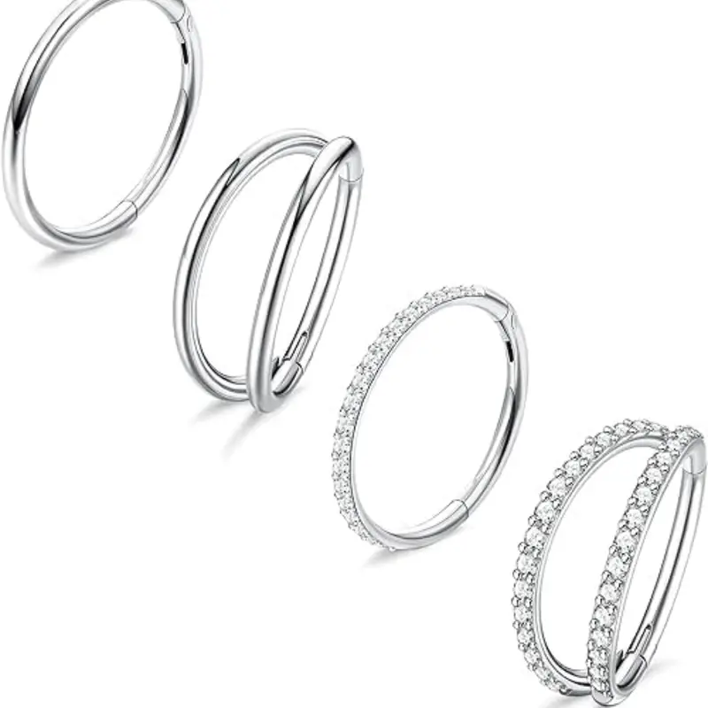 4PCS 18G Nose Rings Hoops, Rhinestone Nose Rings, Nose Ring Jewelry, Steel Earrings Tragus Septum Piercing CZ Clicker Ring, Hinged Segment Conch Lip Cartilage Double Hoops 8mm 10mm Helix Pierced Ring For Women Men